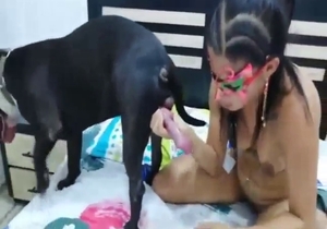 Hispanic lady in a bestiality sex scene with HJs